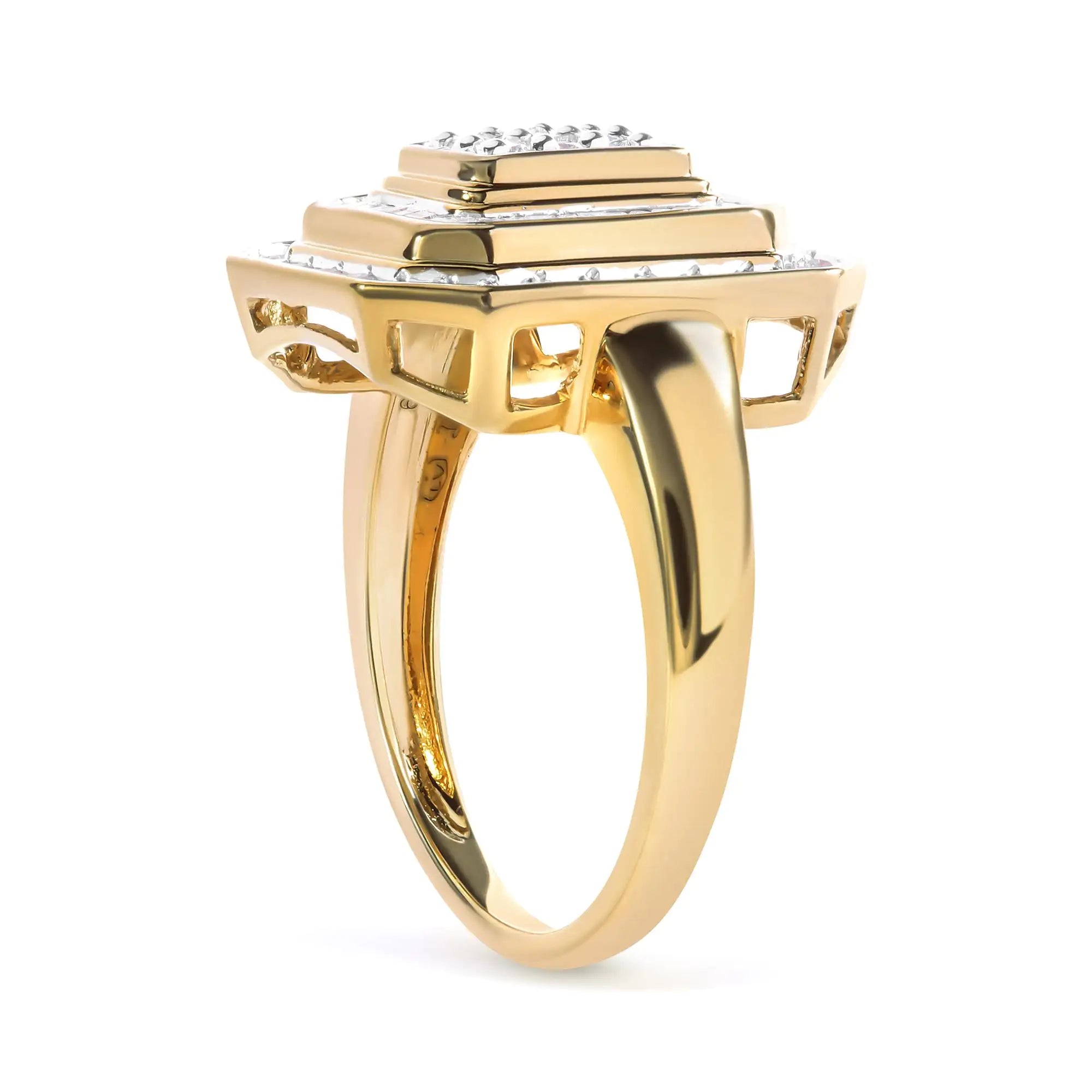 10K Yellow Gold Plated .925 Sterling Silver Round & Baguette Diamond Ring