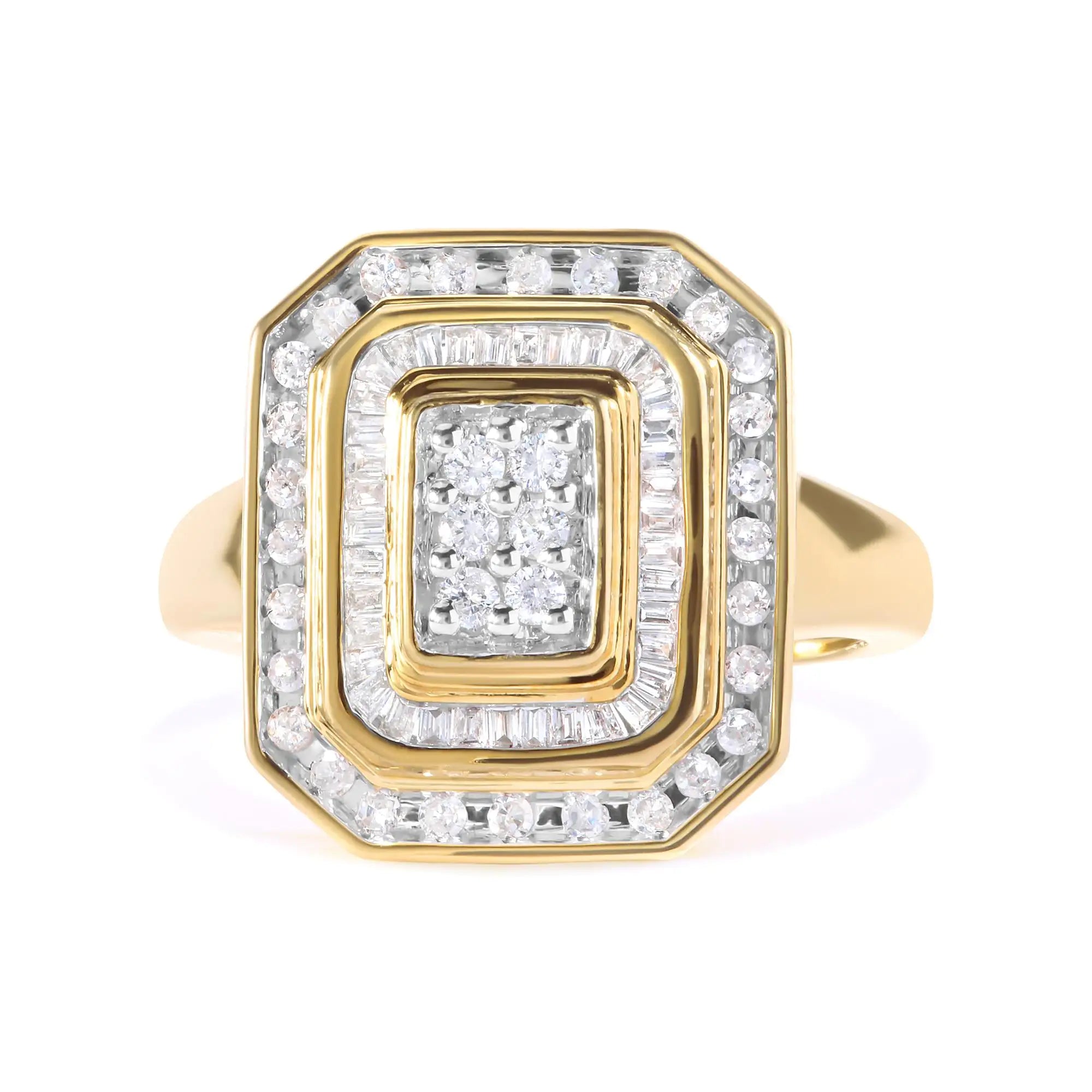 10K Yellow Gold Plated .925 Sterling Silver Round & Baguette Diamond Ring